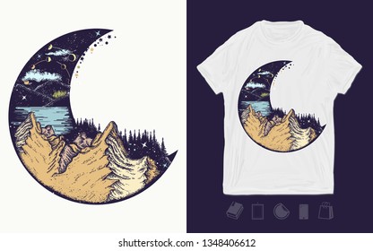 Moon and mountains. Infinite space, meditation symbols, travel, tourism. Print for t-shirts and another, trendy apparel design 