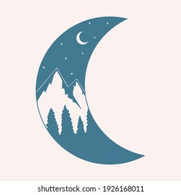 Moon and mountains. Mountain peaks scenery, night time sky with stars. Vector hand drawn illustration.