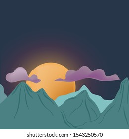 Moon and mountains at night.Vector illustration.