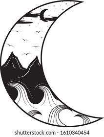 Moon and mountains, ocean wave. Night landscape silhouette, Nature