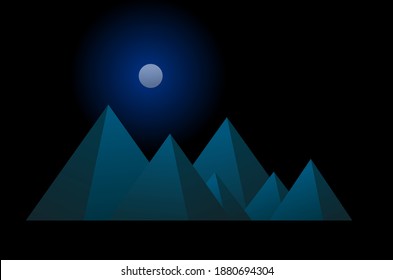 Luna y montañas sobre el fondo azul oscuro.