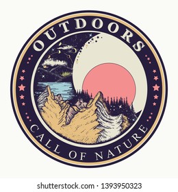 Moon and mountains. Outdoors. Call of nature slogan. Symbol of tourism and travel