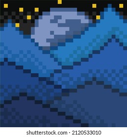 luna y montañas en forma de píxel