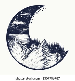 Moon and mountains tattoo and t-shirt design. Infinite space, meditation symbols, travel, tourism. Surreal graphics 