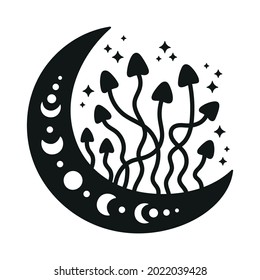 Moon with mushrooms. Mystical moon with moon phases. Witchy illustration. Black nd white vector silhouette