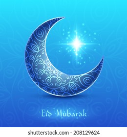 Moon For Muslim Community Festival Eid Mubarak On Blue Background. Vector Illustration