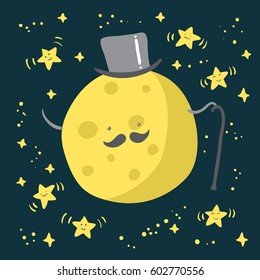 Moon with mustache and dancing stars. Vector illustration