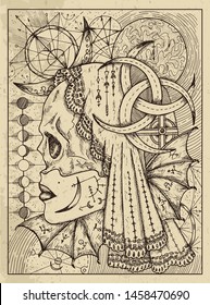 Moon. Mystic concept for Lenormand oracle tarot card. Vector engraved illustration. Fantasy line art drawing and tattoo sketch. Gothic, occult and esoteric background