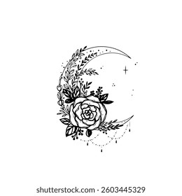 Moon mystic vector illustration. Mystical moon with flowers tattoo.  Hand drawn vector illustration.