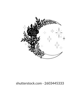 Moon mystic vector illustration. Mystical moon with flowers tattoo.  Hand drawn vector illustration.
