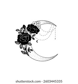 Moon mystic vector illustration. Mystical moon with flowers tattoo.  Hand drawn vector illustration.