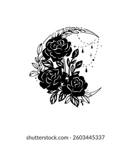 Moon mystic vector illustration. Mystical moon with flowers tattoo.  Hand drawn vector illustration.