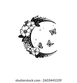 Moon mystic vector illustration. Mystical moon with flowers tattoo.  Hand drawn vector illustration.