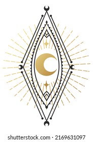Moon Mystical Frame Icon logo. Vector Illustration. Minimal Line art Style. Boho, Esoteric. Ramadan Kareem Designs.