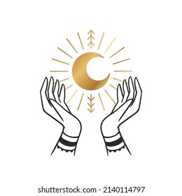 Moon Mystical Gold Icon logo. Hands holding Moon. Vector Illustration. Minimal Line art Style. Boho, Yoga, Esoteric 