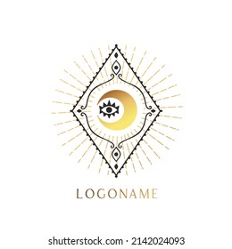 Moon Mystical Gold Icon logo. Vector Illustration. Minimal Line art Style. Boho, Esoteric. Ramadan Kareem Designs.