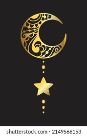 Moon Mystical Gold Icon logo. Vector Illustration. Minimal Line art Style. Boho, Esoteric. Ramadan Kareem Designs.