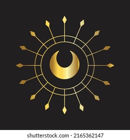 Moon Mystical Gold Icon logo. Vector Illustration. Minimal Line art Style. Boho, Esoteric. Bohemian Logo Designs.
