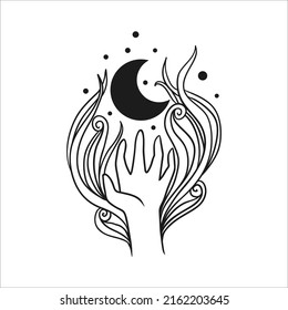 Moon Mystical Icon logo. Hands holding Moon. Vector Illustration. Minimal Line art Style. Boho, Yoga, Esoteric 