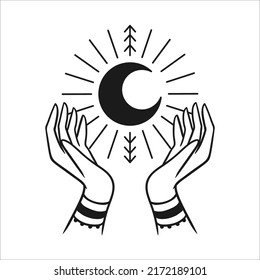 Moon Mystical Icon logo. Hands holding Moon. Vector Illustration. Minimal Line art Style. Boho, Yoga, Esoteric 