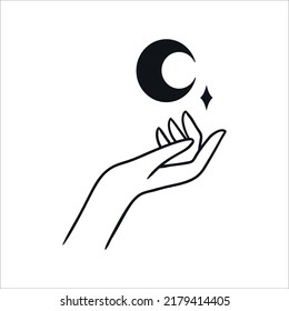 Moon Mystical Icon logo. Hands holding Moon. Vector Illustration. Minimal Line art Style. Boho, Yoga, Esoteric 