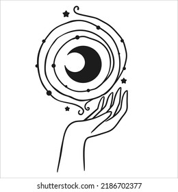 Moon Mystical Icon logo. Hands holding Moon. Vector Illustration. Minimal Line art Style. Boho, Yoga, Esoteric 