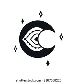 Moon Mystical Icon logo. Vector Illustration. Minimal Line art Style. Boho, Esoteric. Ramadan Kareem Designs.