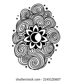 Moon Mystical. Mandala Lotus logo. Vector Illustration. Coloring book for adults. Zen art, Boho, Esoteric, Yoga.