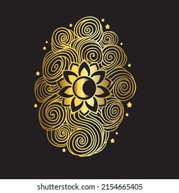 Moon Mystical. Mandala Lotus logo. Vector Illustration. Coloring book for adults. Zen art, Boho, Esoteric, Yoga Gold