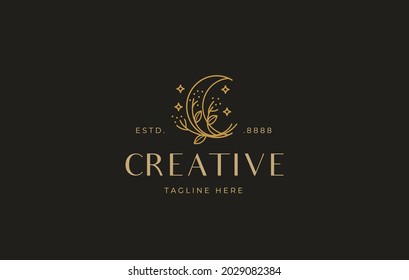 Plantilla de diseño del logotipo de Moon Nature Lines. Luna con hermosas decoraciones de ramitas de planta. Concepto de diseño de iconos vectores creativos.
