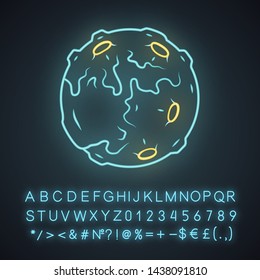 Moon neon light icon. Earth satellite. Fantastic planet with volcanoes. Spherical space object. Solar system body. Glowing sign with alphabet, numbers and symbols. Vector isolated illustration