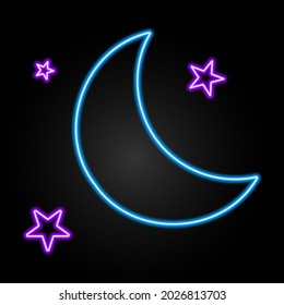 Moon neon sign, modern glowing banner design, colorful trend of modern design on black background. Vector illustration.