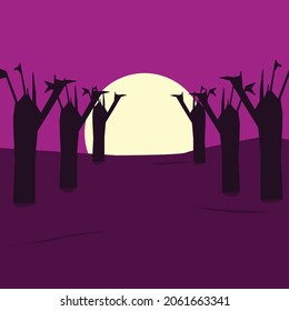 moon next to withered trees on purple background