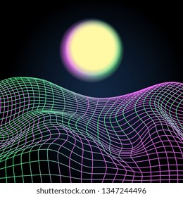 Moon night, abstract landscape.  Distorted neon light grid pattern. Retrowave, synthwave, vaporwave. Technology background. Yesterday’s tomorrow style. Black, purple, green colors. Banner, print, wall