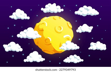 Moon in the night among the clouds - cartoon vector illustration