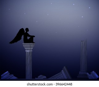 moon night and angel sit on ruins of marble columns, secret night place, decline of the civilization, solitude concept, vector