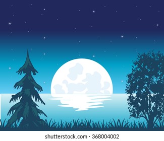 The Moon night ashore calm yard.Vector illustration