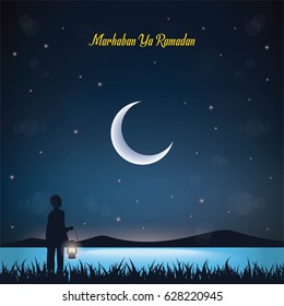 Moon in the night with child for greeting "Marhaban ya Ramadan" with translate : "Welcome Ramadan". Vector Illustration