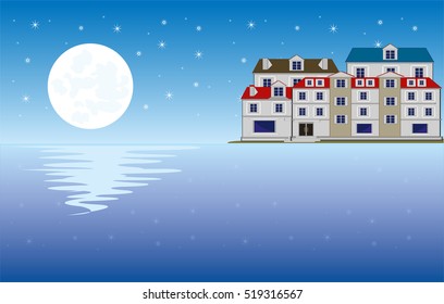 The Moon night and city ashore ocean.Vector illustration