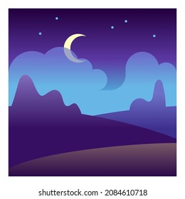 Moon night in countryside. Dark cloud sky. Hill landscape in moonlight