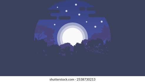 Moon in Night Forest Flat Design