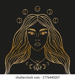 Moon night goddess. Magic fairy, enchantress, shaman woman. Hand drawn portrait of a beautiful magical fairytale girl. Alchemy spirituality design concept, tattoo. Gold artwork on black background