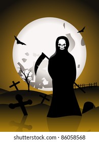 fondo de cementerio de la noche de la luna con bate volador, esqueleto sosteniendo vectores de armas para la celebración de halloween