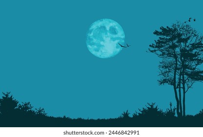 Moon Night landscape beautiful nightscape scenary vector background trees birds lands grass moonlight moon vector