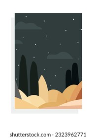 moon night landscape with mountains mid-century modern vector illustration