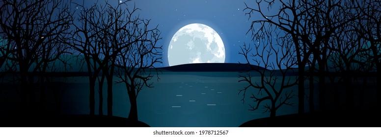 Moon night landscape panorama over the lake. Vector