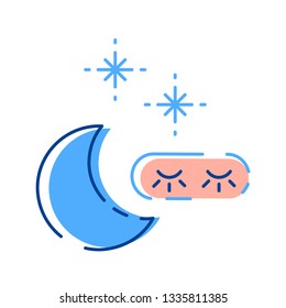 The moon and night mask with stars. Flat vector icons. Doodles in modern outline style by pink and blue colors