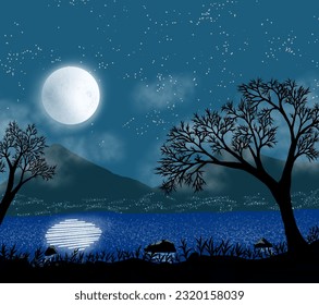 moon at night with mountains of trees and lakes, vector ilustration