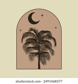 Moon night with the palm tree on beige background. Minimalist arabic starry sky landscape.