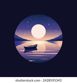 Moon Night River and Boat scenery